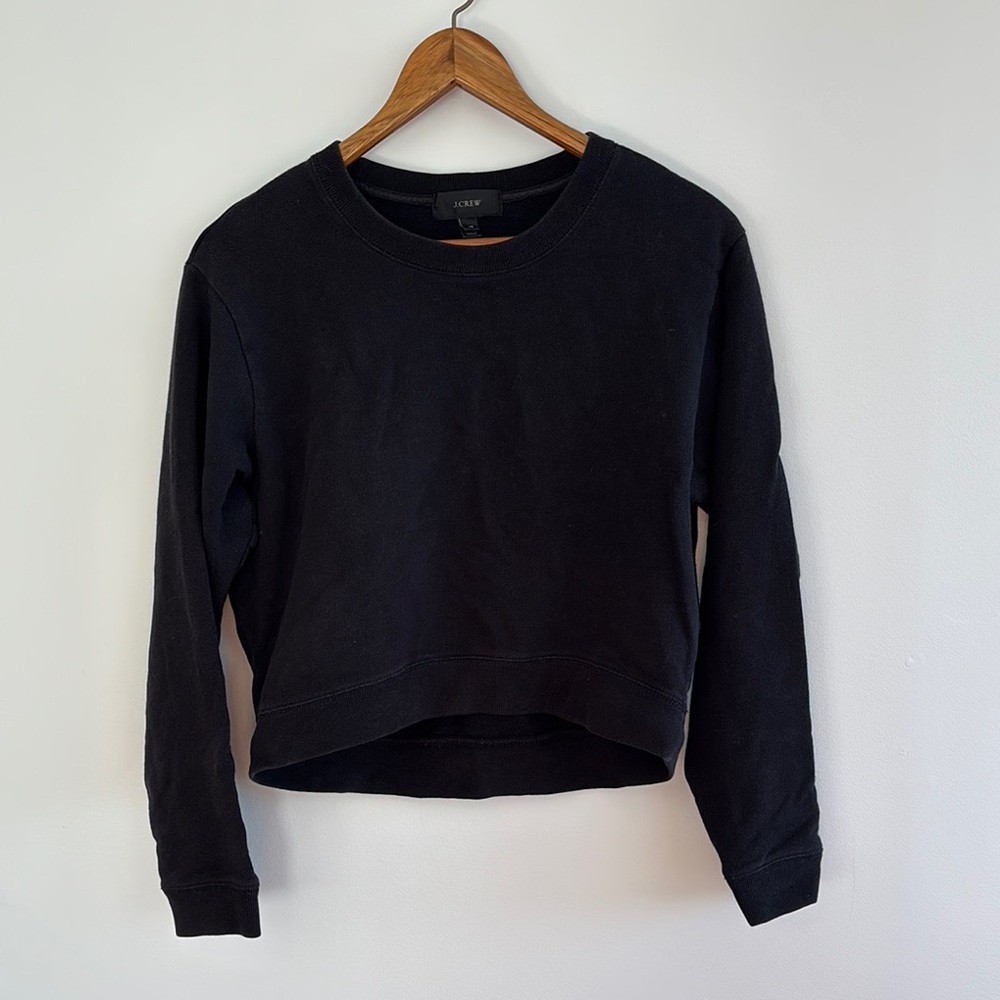 J. Crew Black Crew Neck Long Sleeve Cropped Sweatshirt